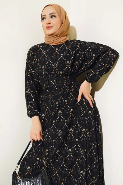 Etnik Desen Yarasa Kol Elbise Siyah - 2