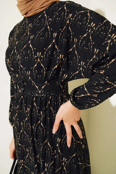 Etnik Desen Yarasa Kol Elbise Siyah - 4