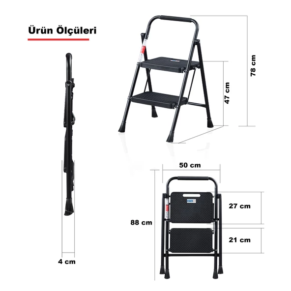 ERTEKPA 2 Basamak Siyah Merdiven Geniş Basamaklı EUROTOWER, ET2 - 12