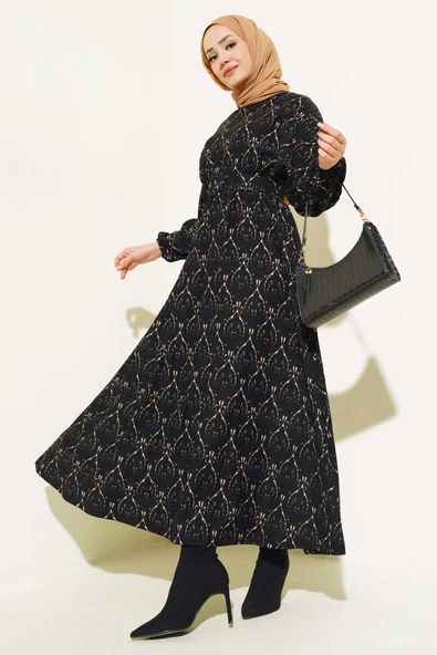 Etnik Desen Yarasa Kol Elbise Siyah