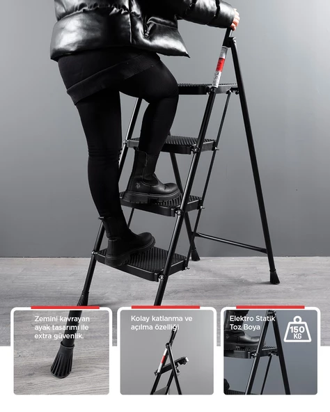 ERTEKPA 4 Basamak Siyah Merdiven Geniş Basamaklı EUROTOWER, ET4 - 4