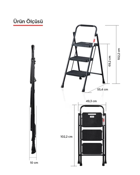 ERTEKPA 3 Basamak Siyah Merdiven Geniş Basamaklı EUROTOWER, ET3 - 3