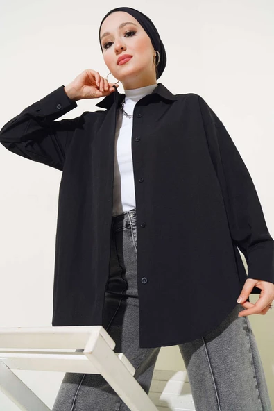 Gizli Düğmeli Basic Gömlek Siyah