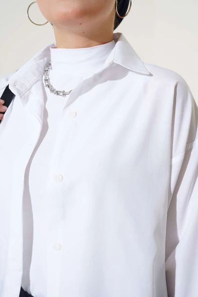 Gizli Düğmeli Basic Gömlek Beyaz - Resim 4