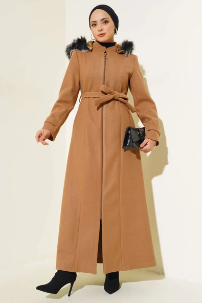 Kapüşonu Kürklü Fermuarlı Uzun Kaşe Kaban Latte ürün görseli 1