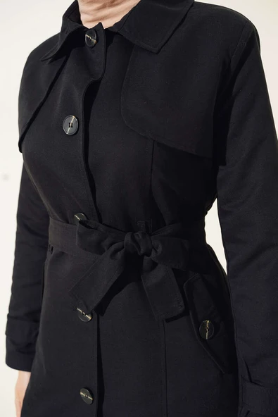 Düğmeli Kuşaklı Araboy Trençkot Siyah - Resim 4