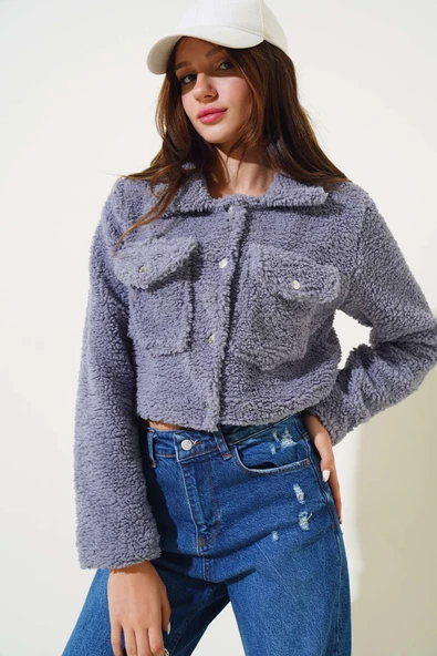 Çıtçıtlı Cepli Kısa Buklet Ceket Lila - Resim 2