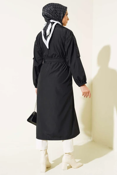 Yakası Taşlı Kuşaklı Trençkot Siyah - 3