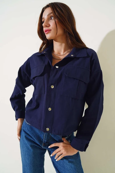 Göğüs Cepli Çıtçıtlı Gabardin Ceket Lacivert