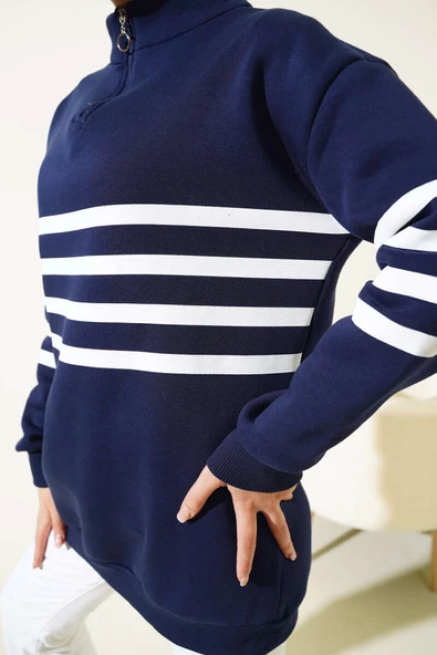 Şerit Baskılı Fermuarlı Üç İplik Sweatshirt Lacivert - 4
