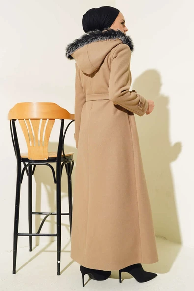 Kapüşonu Kürklü Fermuarlı Uzun Kaşe Kaban Bej - 3