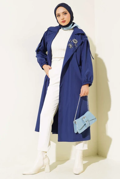 Yakası Taşlı Kuşaklı Trençkot Lacivert - Resim 2