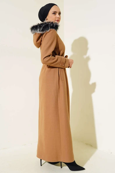 Kapüşonu Kürklü Fermuarlı Uzun Kaşe Kaban Latte - Resim 3