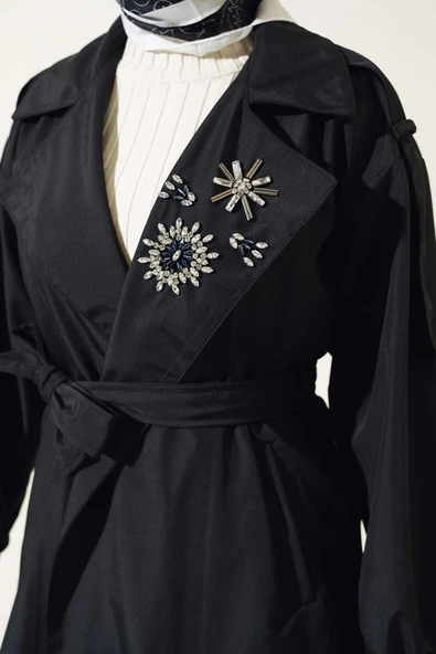 Yakası Taşlı Kuşaklı Trençkot Siyah - 4