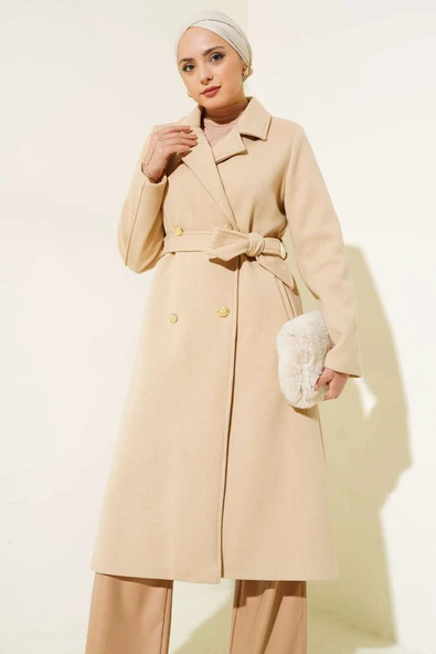 Gold Düğmeli Kuşaklı Kaşe Kaban Camel - Resim 2