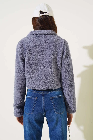 Çıtçıtlı Cepli Kısa Buklet Ceket Lila - Resim 3