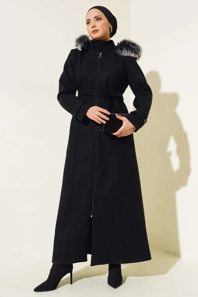 Kapüşonu Kürklü Fermuarlı Uzun Kaşe Kaban Siyah ürün görseli 1
