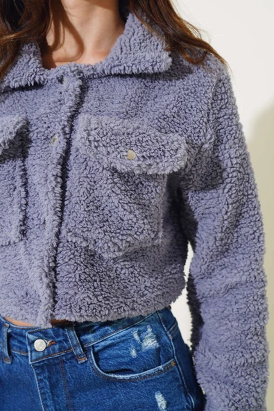 Çıtçıtlı Cepli Kısa Buklet Ceket Lila - Resim 4