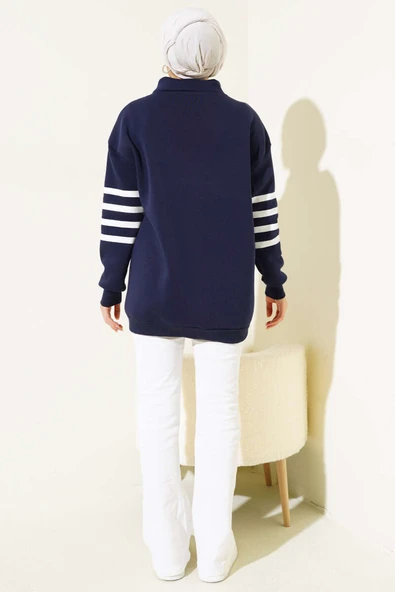 Şerit Baskılı Fermuarlı Üç İplik Sweatshirt Lacivert - 3
