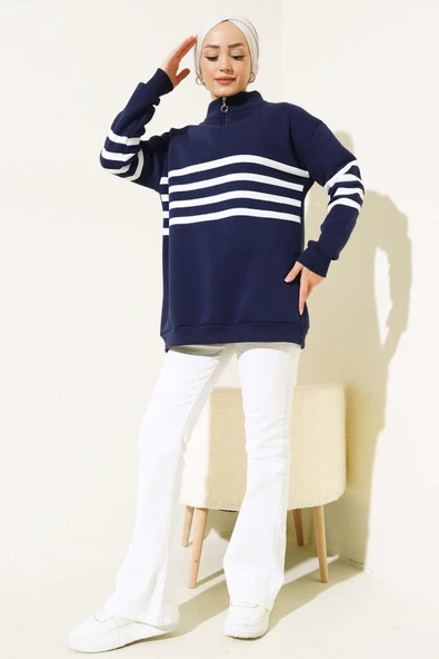 Şerit Baskılı Fermuarlı Üç İplik Sweatshirt Lacivert - 2
