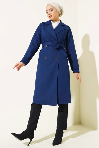 Kruvaze Yaka Cepli Trençkot Lacivert - Resim 2