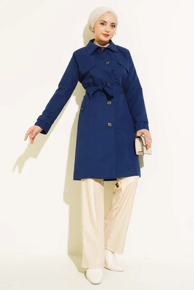 Düğmeli Kuşaklı Araboy Trençkot Lacivert - Resim 2