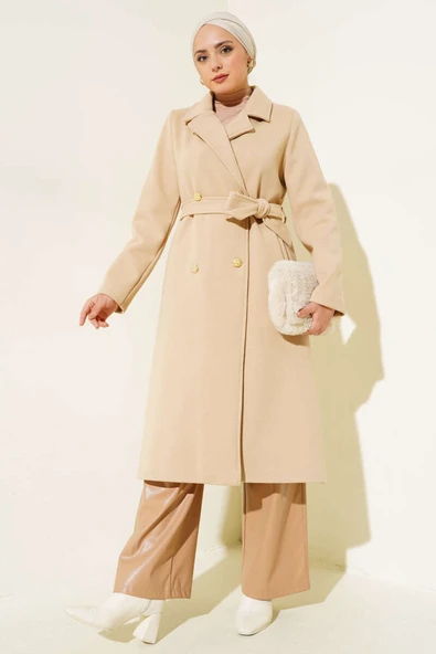 Gold Düğmeli Kuşaklı Kaşe Kaban Camel ürün görseli 1