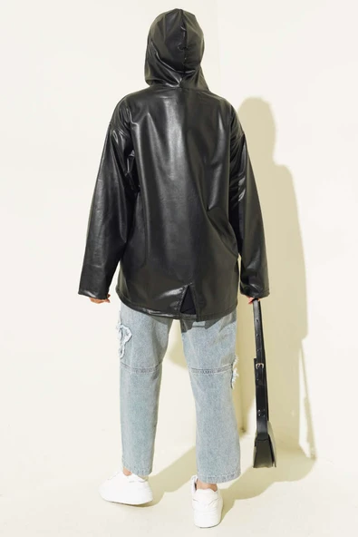 Kapüşonlu Fermuarlı Deri Ceket Siyah - 3