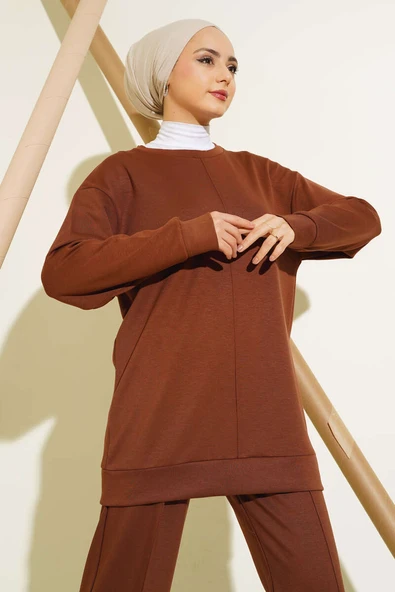 Önü Çımalı Tunik İkili Takım Kahve - Resim 2