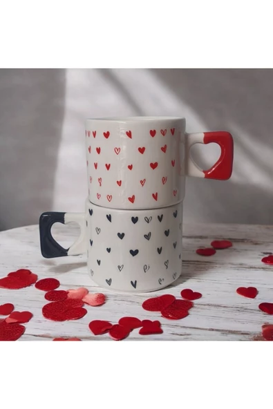 Minik Kalpler 2li Siyah-Kırmızı Çizimli El Yapımı Doğal Seramik Kalp Kupa Bardak/Mug Fincanı