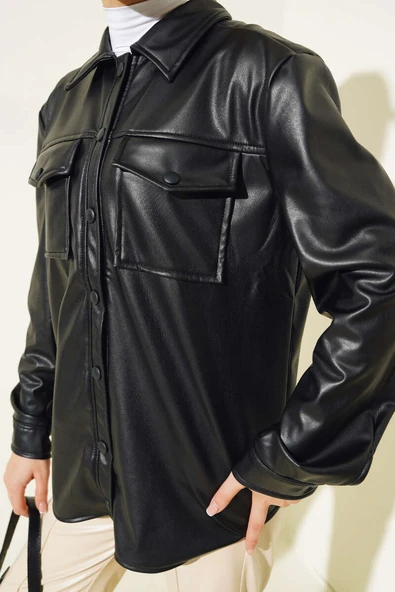 Çıtçıt Düğmeli Cepli Deri Gömlek Siyah - Resim 4