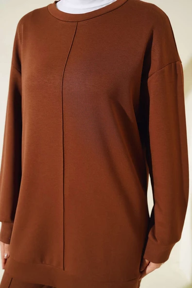 Önü Çımalı Tunik İkili Takım Kahve - Resim 4