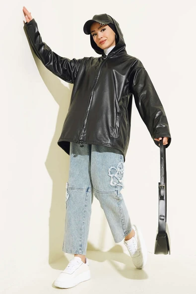 Kapüşonlu Fermuarlı Deri Ceket Siyah - 2