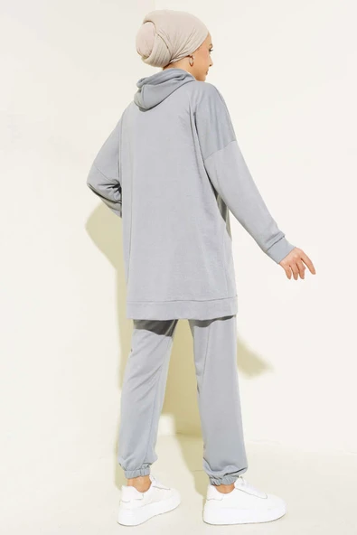 Paça Lastikli Kapüşonlu İkili Takım Kayrak Grisi - Resim 3