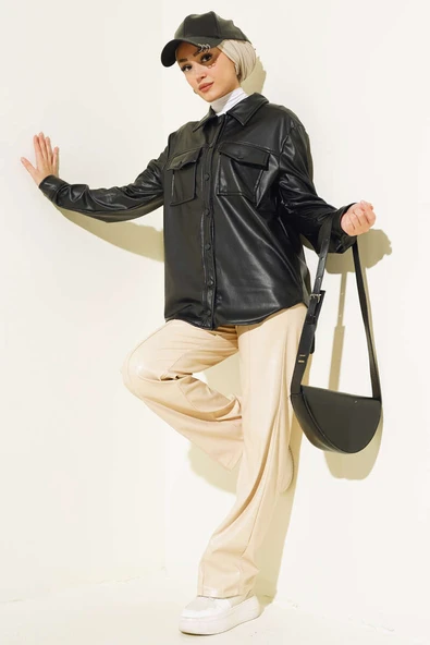 Çıtçıt Düğmeli Cepli Deri Gömlek Siyah - Resim 2