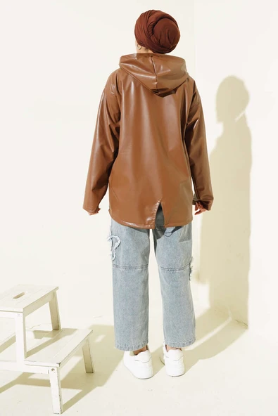 Kapüşonlu Fermuarlı Deri Ceket Taba - 3