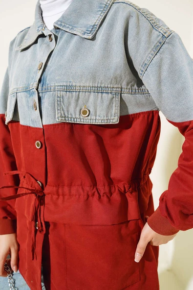 Kot Garnili Bel Tünelli Ceket Nar Çiçeği - 4