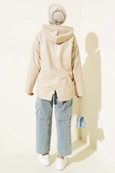 Kapüşonlu Fermuarlı Deri Ceket Bej - 3