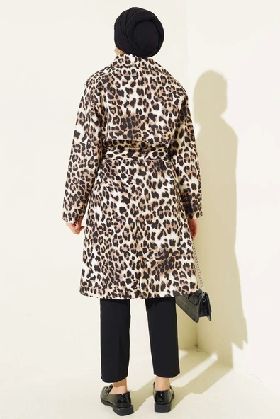 Kruvaze Yaka Leopar Desen Trençkot Leopar - 3