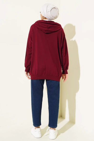 Kapüşonlu Fermuarlı Salaş Hırka Bordo - Resim 4