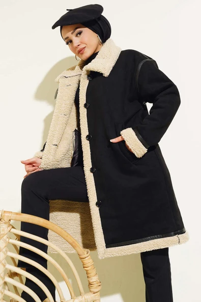 İçi Kürklü Deri Detaylı Süet Kaban Siyah - Resim 2