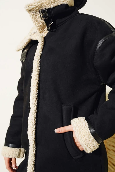 İçi Kürklü Deri Detaylı Süet Kaban Siyah - Resim 4