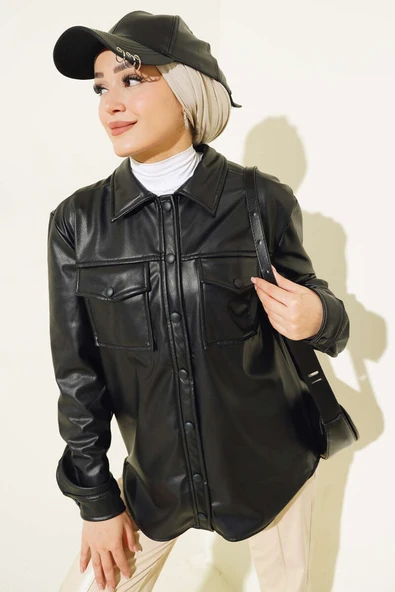 Çıtçıt Düğmeli Cepli Deri Gömlek Siyah ürün görseli 1