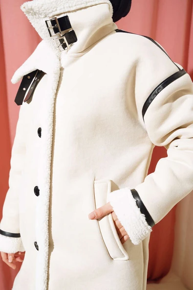 İçi Kürklü Deri Detaylı Süet Kaban Taş - Resim 4