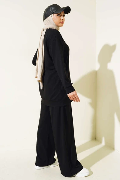 Önü Çımalı Tunik İkili Takım Siyah - Resim 3