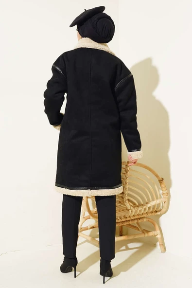 İçi Kürklü Deri Detaylı Süet Kaban Siyah - Resim 3