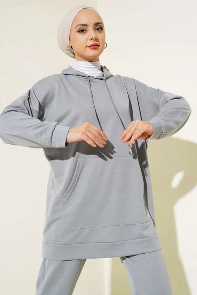 Paça Lastikli Kapüşonlu İkili Takım Kayrak Grisi - Resim 2