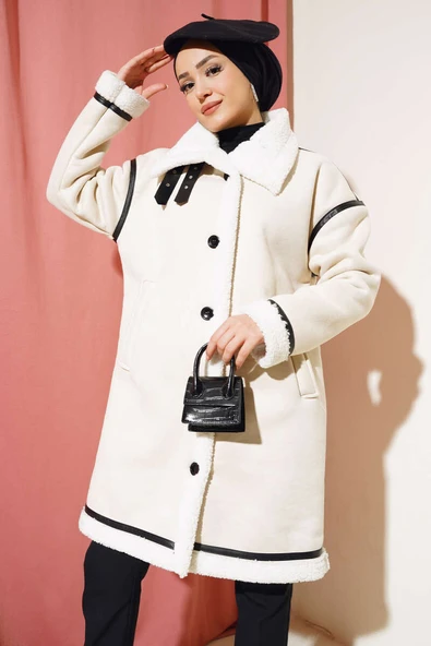 İçi Kürklü Deri Detaylı Süet Kaban Taş - Resim 2