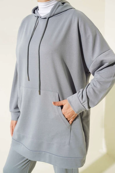 Paça Lastikli Kapüşonlu İkili Takım Kayrak Grisi - Resim 4