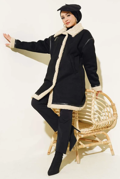 İçi Kürklü Deri Detaylı Süet Kaban Siyah ürün görseli 1